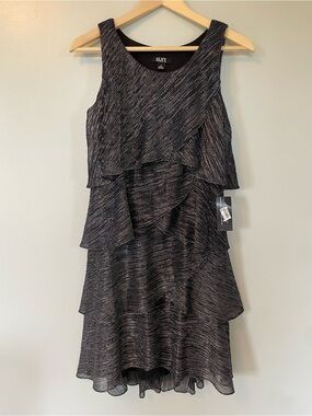 SLNY Black & Silver-Tone Tiered Ruffle Cocktail Dress
